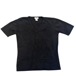 Fuzzy Angora High V-Neck Short Sleeve Vintage Luxury Modern Minimalist, size M